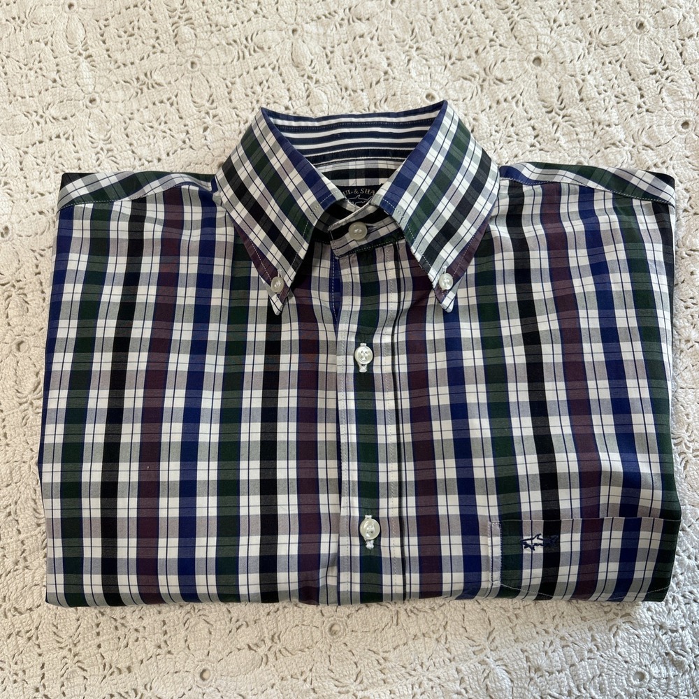 Paul & Shark Yachting Men Button Down Dress Shirt 40 Medium Blue Green Plaid